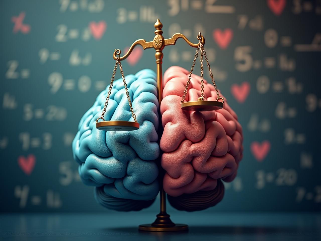 Image of a brain with a balanced scale on top, representing emotional and cognitive balance. The background is a blend of logical equations and emotional symbols like hearts.