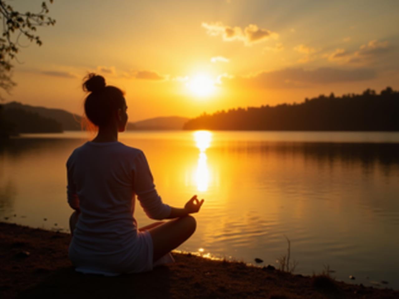A serene image of someone meditating by a lake, with the sun rising in the background, symbolizing peace and mindfulness. The image is relevant to Eckhart Tolles The Power of Now and the concept of being present.
