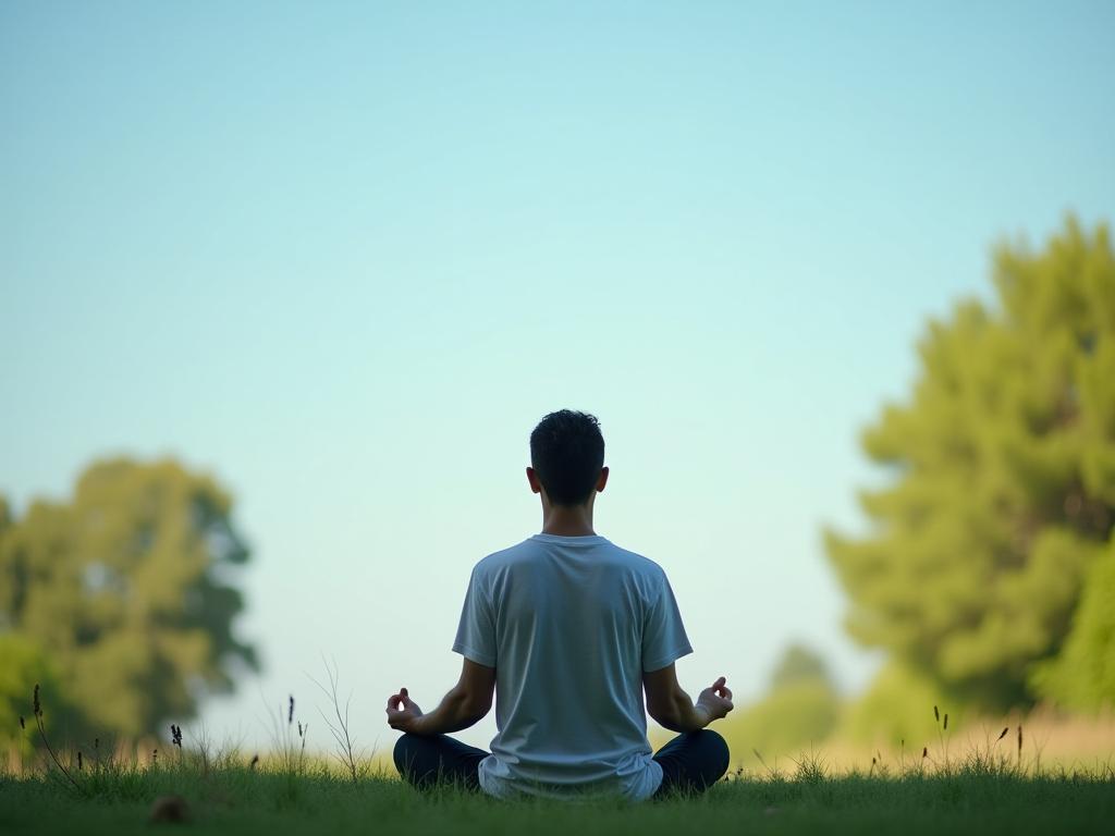 A serene image of a person meditating peacefully in nature, with a clear blue sky and green trees in the background. This visually represents stress reduction and mindfulness.