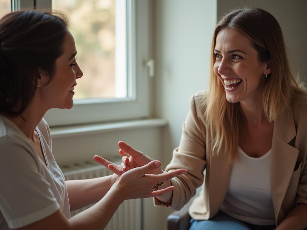 Two people facing each other, one offering an open hand in a gesture of understanding and empathy, the other responding with a smile. The background is blurred, suggesting a safe and supportive environment.