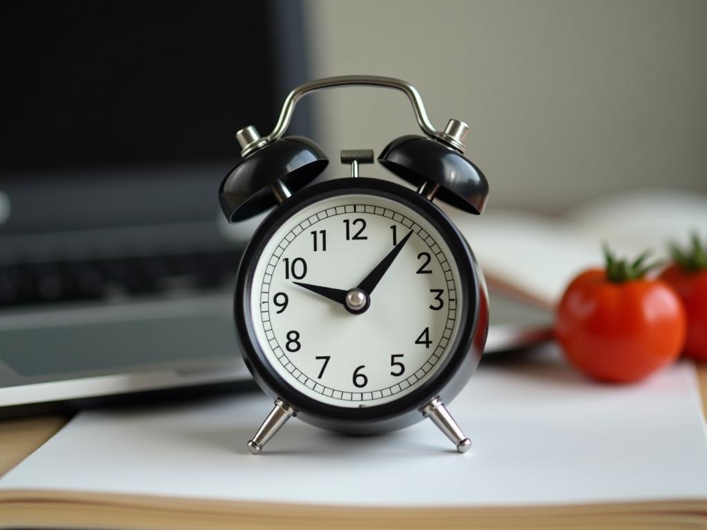 A close-up of a timer set to 25 minutes, with a laptop and notebook in the background, symbolizing the Pomodoro Technique.