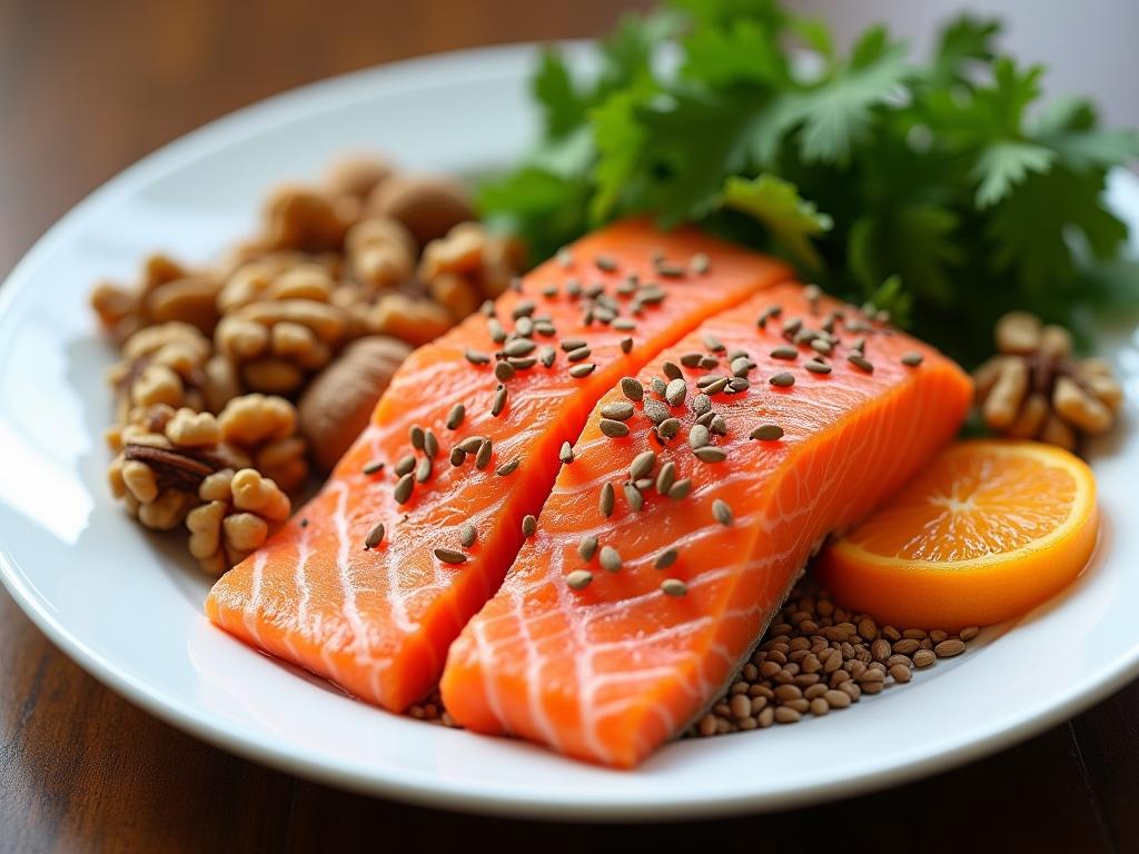 A vibrant plate of salmon, walnuts, and flaxseeds, representing omega-3 rich foods for a healthy lifestyle, based on Dr. Mark Hymans The Pegan Diet.