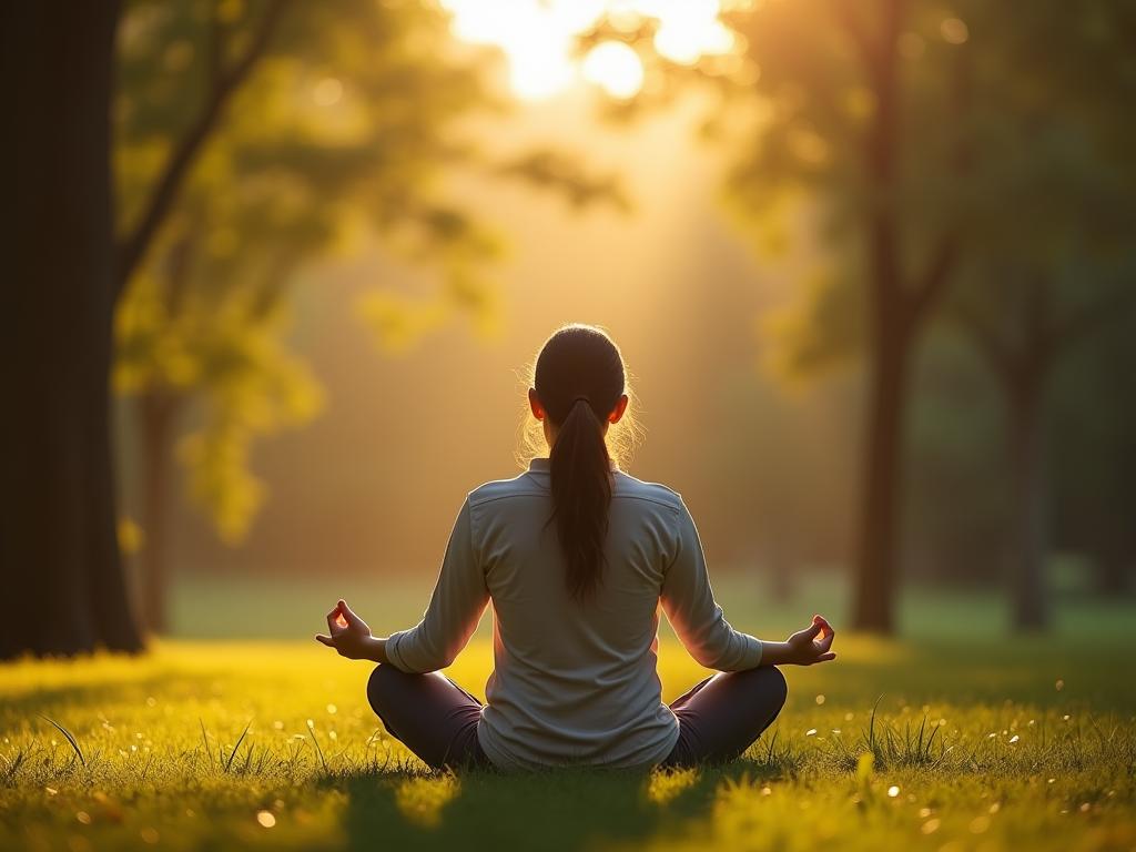 A person meditating outdoors in a peaceful natural setting, with sunlight filtering through the trees. Focus on mindfulness, presence, and stress reduction.