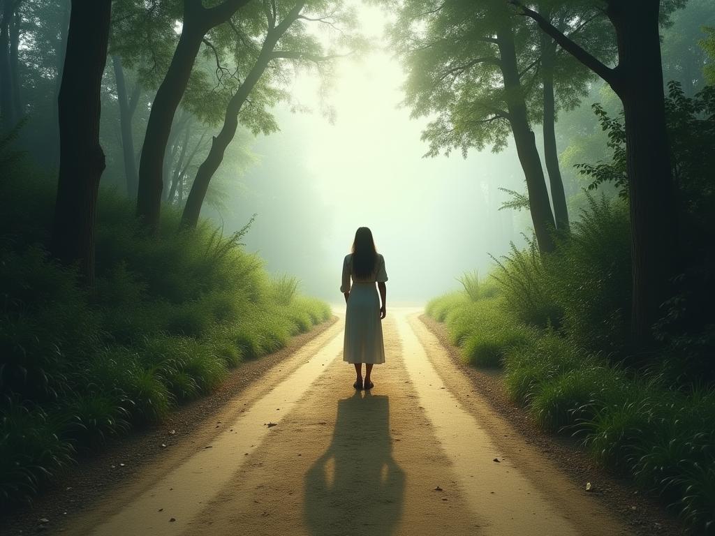 A person standing at a crossroads, with two paths diverging. One path is clear and bright, the other is overgrown and dark. The image symbolizes the choice of setting boundaries in life.
