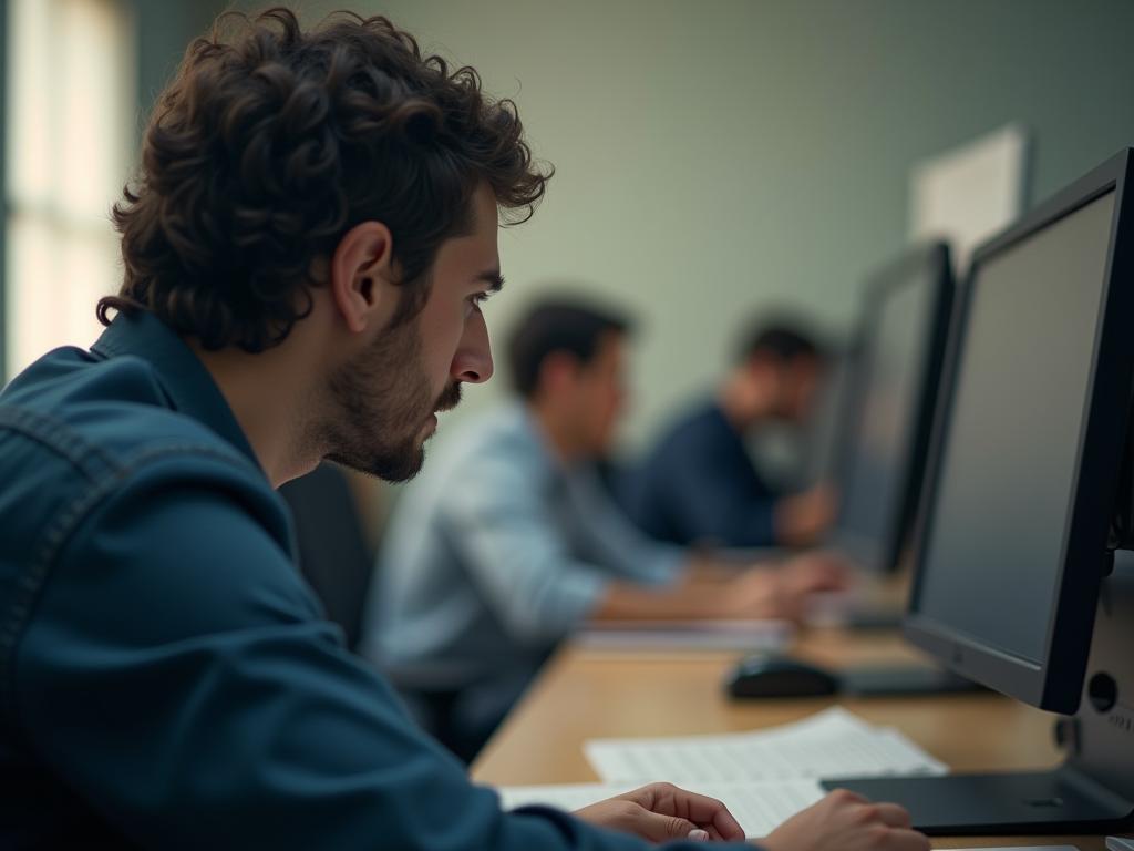 A person focusing intently on a task, with blurred background showing multiple other tasks. Represents the concept of focusing on one thing at a time.