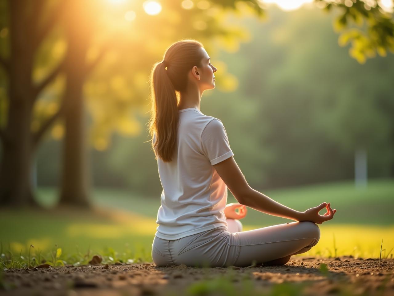 A serene person meditating outdoors, listening to the sounds of nature. Soft focus, calming colors.