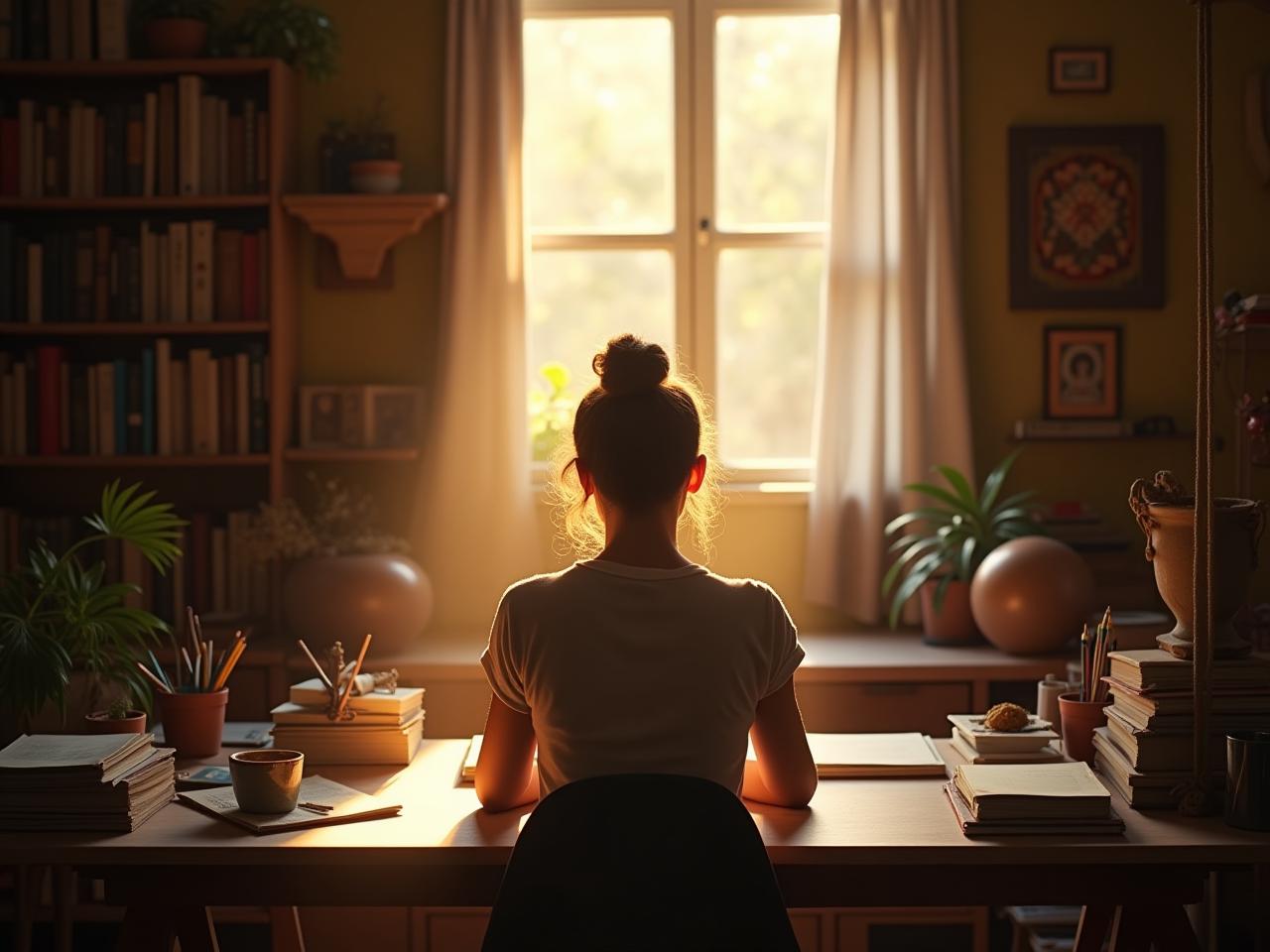 A person sitting at a desk, surrounded by books and art supplies, looking thoughtfully at a blank page. The scene is bathed in warm, inviting light, symbolizing the potential for creativity and inspiration. Keywords: creativity, inspiration, writing, art, Elizabeth Gilbert, Big Magic.
