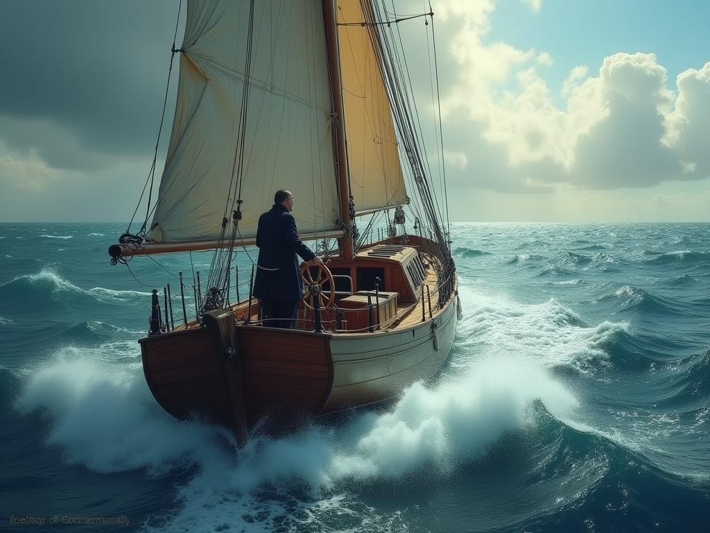 Person confidently steering a ship through stormy waters, symbolizing taking control of ones life.