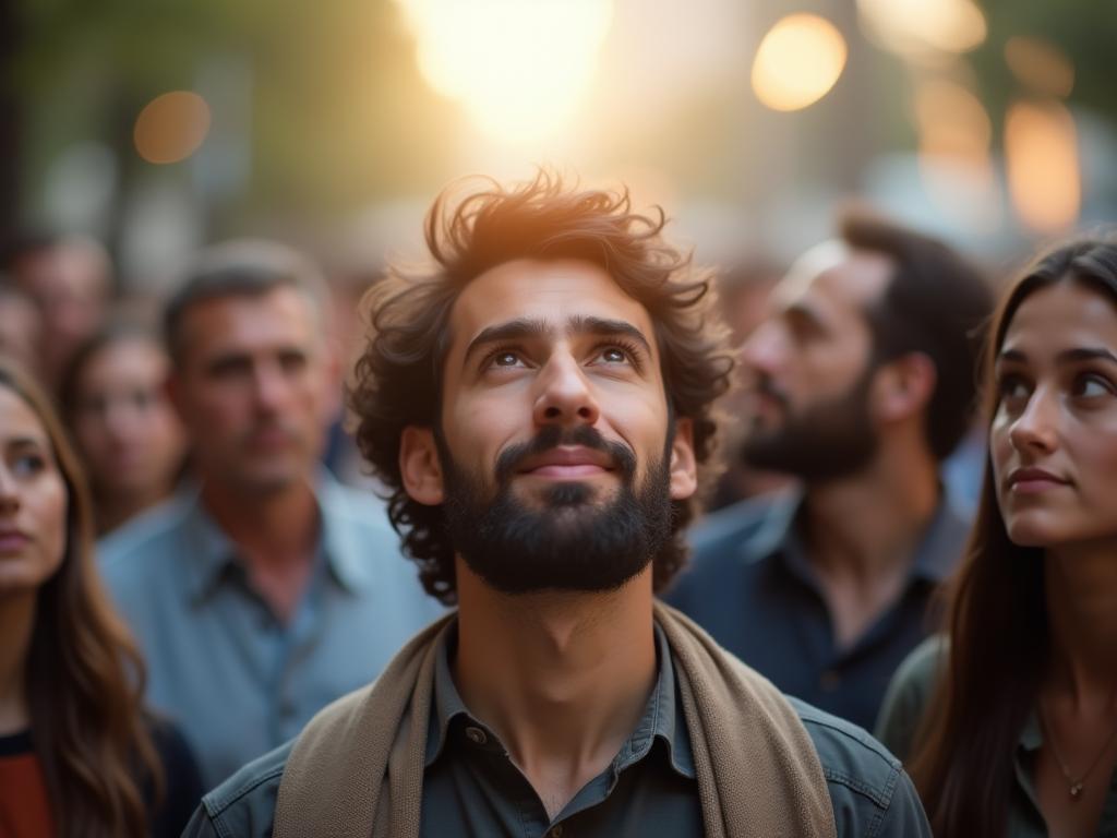 A person looking up at a diverse group of people, symbolizing learning and leadership.