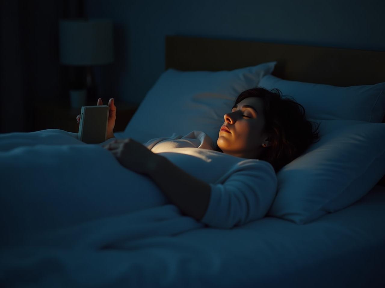 A person peacefully sleeping in a dimly lit bedroom with no electronic devices visible, holding a book. Soft, calming colors are used to represent relaxation and sleep.