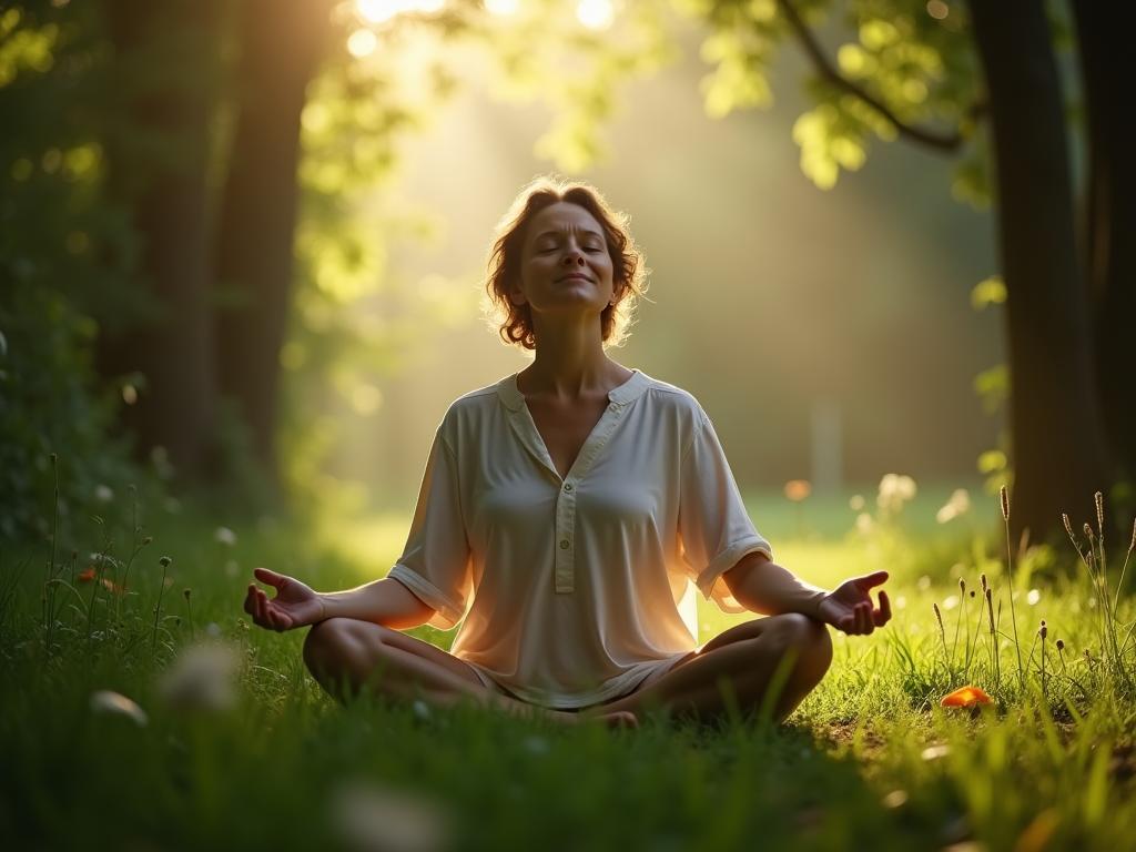 Person meditating peacefully in nature, surrounded by lush greenery and serene atmosphere. The image emphasizes mindfulness and being present in the moment.