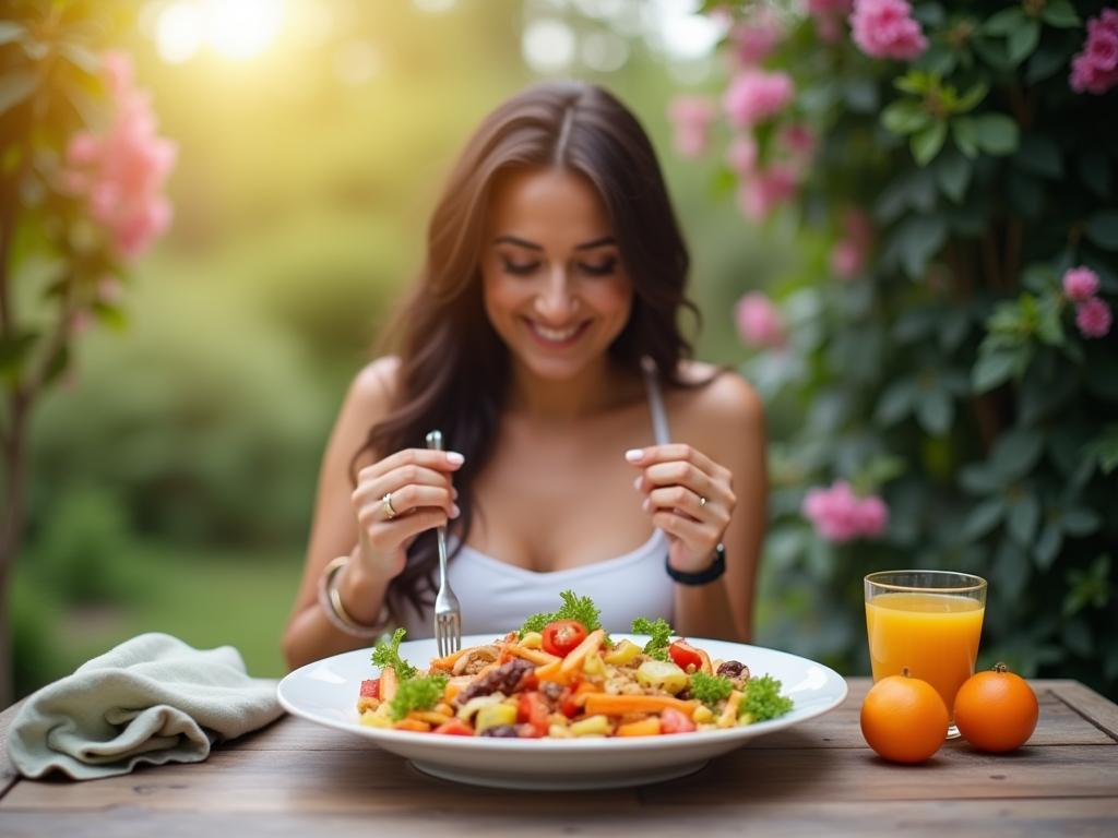A person enjoying a healthy and colorful meal outdoors, with a focus on mindful eating and connection to nature. Keywords: Intuitive Eating, Healthy Lifestyle, Body Positivity.