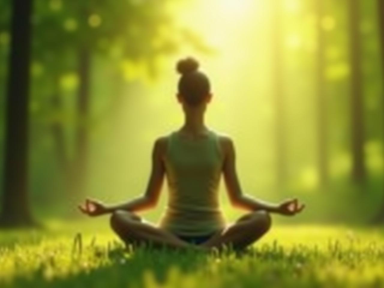 A person meditating peacefully in a serene natural setting, surrounded by green trees and sunlight. The image represents calm and mindfulness.