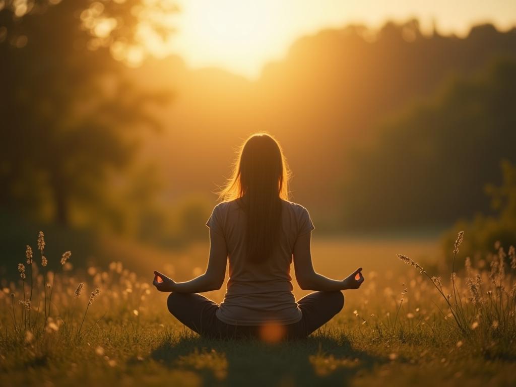 A serene image of a person meditating in nature, symbolizing stress-free living and mindfulness.