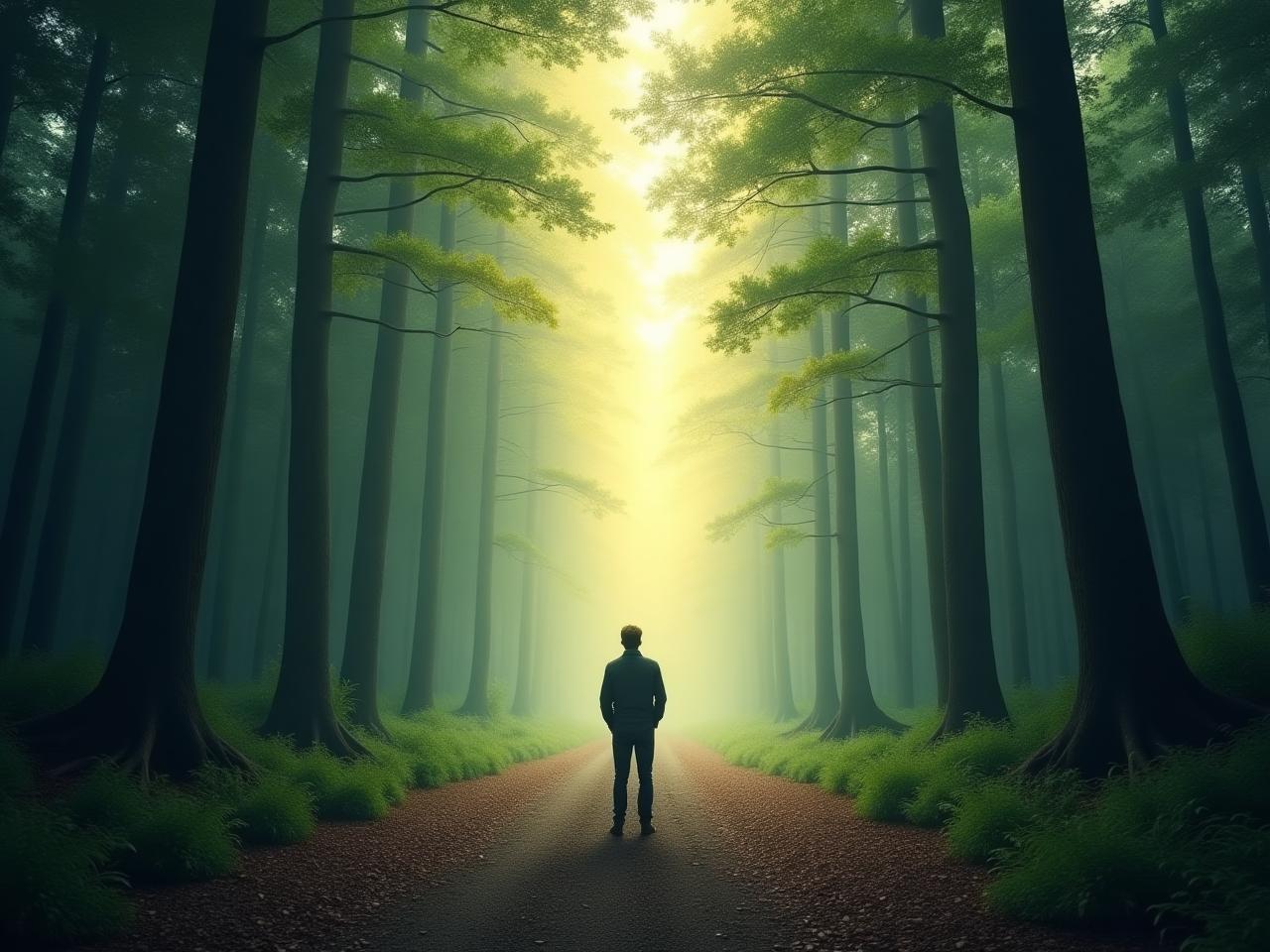 A person standing at the edge of a forest, looking towards a bright, open path. The path represents the journey of lifelong learning and embracing uncertainty.