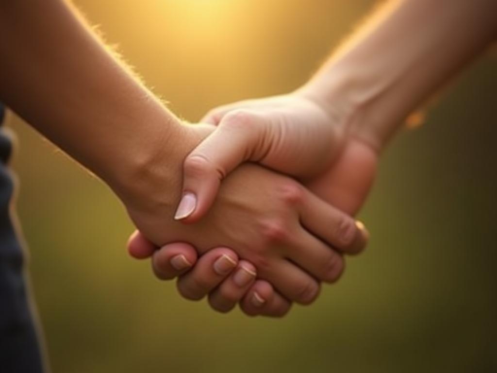 Image of two hands intertwined, symbolizing connection and unconditional love, with a soft, warm filter.