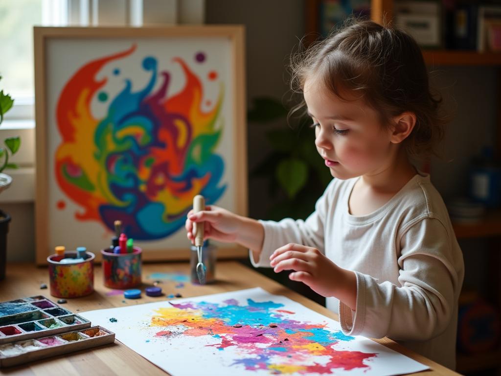 A person playfully painting a colorful abstract image, surrounded by art supplies, representing the freedom and creativity encouraged by Finding the Balance and free play. Keywords: creativity, free play, art, balance, inspiration.