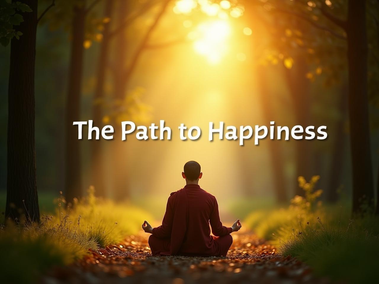 A serene image of a person meditating in nature, surrounded by trees and sunlight, symbolizing inner peace amidst lifes challenges. The title The Path to Happiness is superimposed on the image. Keywords: happiness, suffering, resilience, meditation, Dalai Lama, Desmond Tutu.