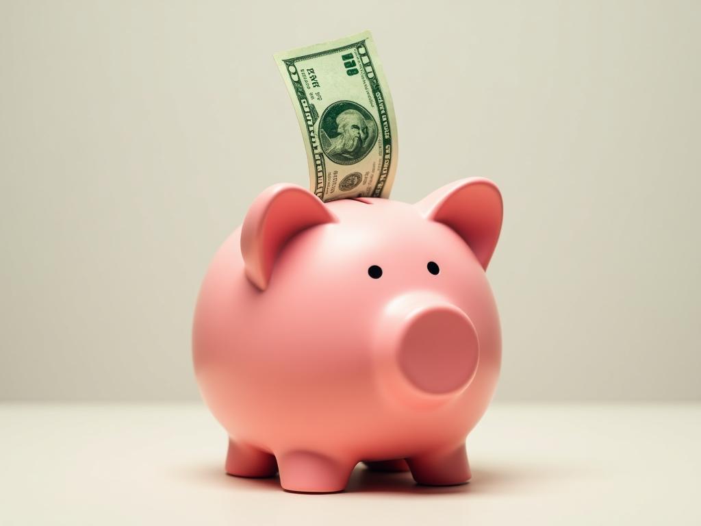 Image of a piggy bank with a dollar bill being automatically deposited, representing automatic savings and financial freedom.