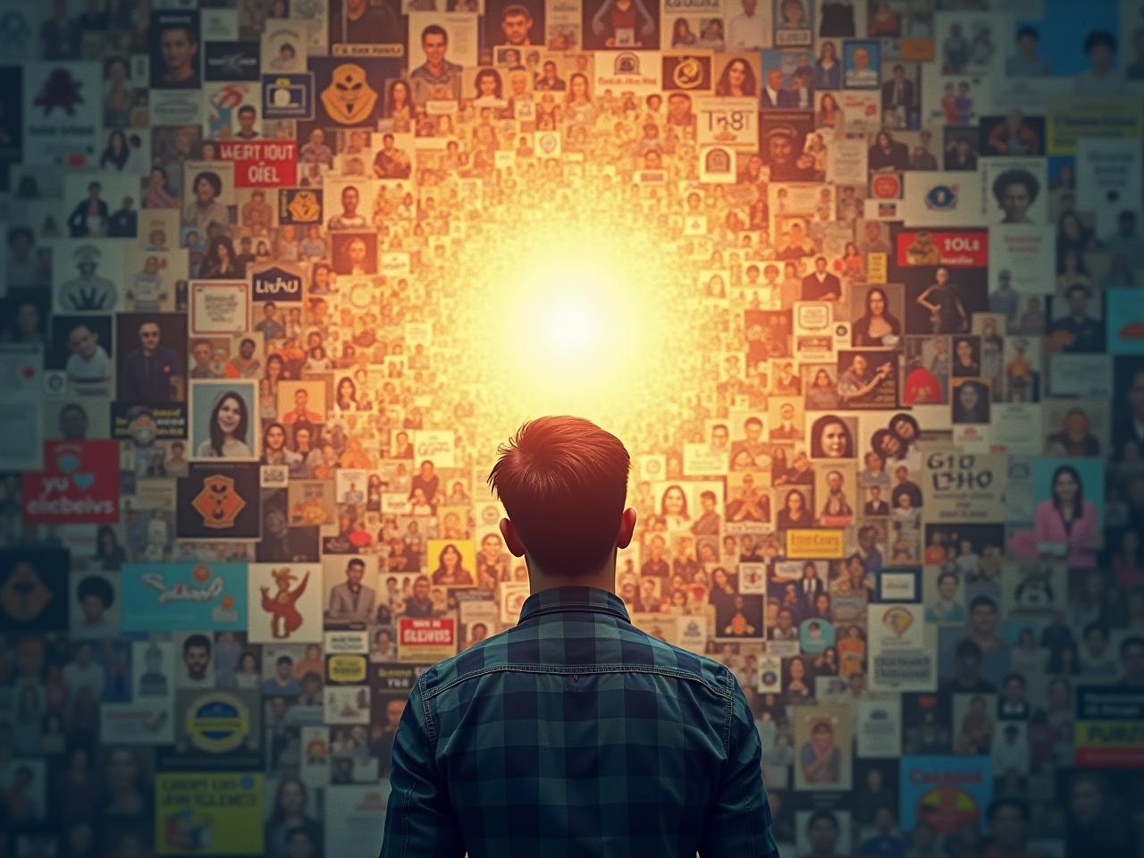 A person visualizing success with a bright light shining on them, symbolizing clarity and achievement. The background is a motivational collage of images related to career goals and personal growth.