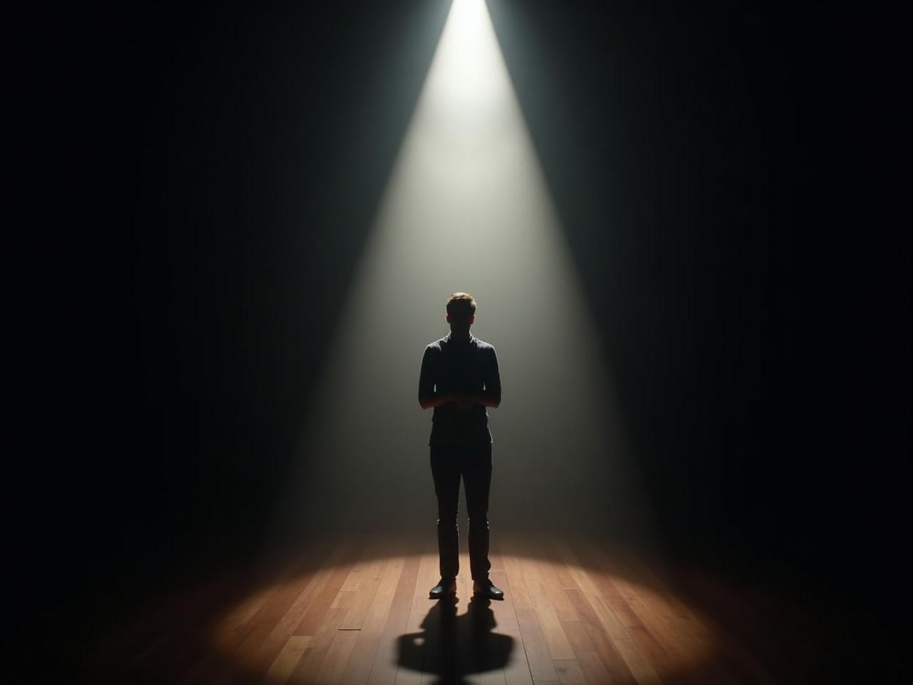 A person standing confidently in a spotlight on a stage, facing an audience, symbolizing overcoming fear and embracing vulnerability. Keywords: Courage, vulnerability, stage, spotlight, confidence, braving the wilderness, Brene Brown.