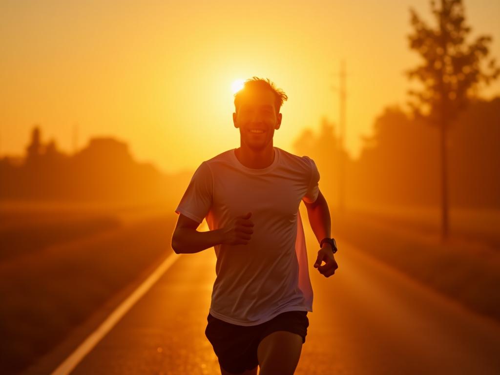 Person running at sunrise, looking energized and strong, illustrating physical recovery and peak performance.