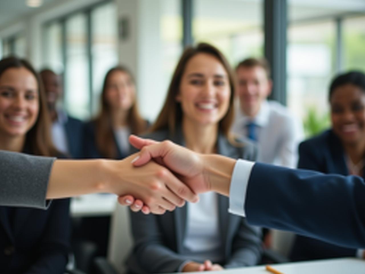 Image of a smiling person extending a hand in reconciliation, with a blurred background of a team of employees. Keywords: Reconciliation, teamwork, forgiveness, communication, business, honesty, error.