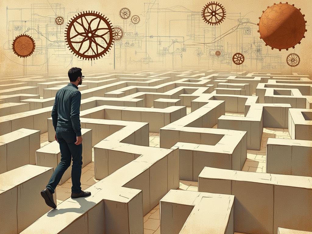A person navigating a maze with various paths, representing uncertainty and the need for creative problem-solving. The image includes gears, sketches, and artistic elements reminiscent of Leonardo da Vincis notebooks, emphasizing the concept of multidisciplinary thinking and innovation.