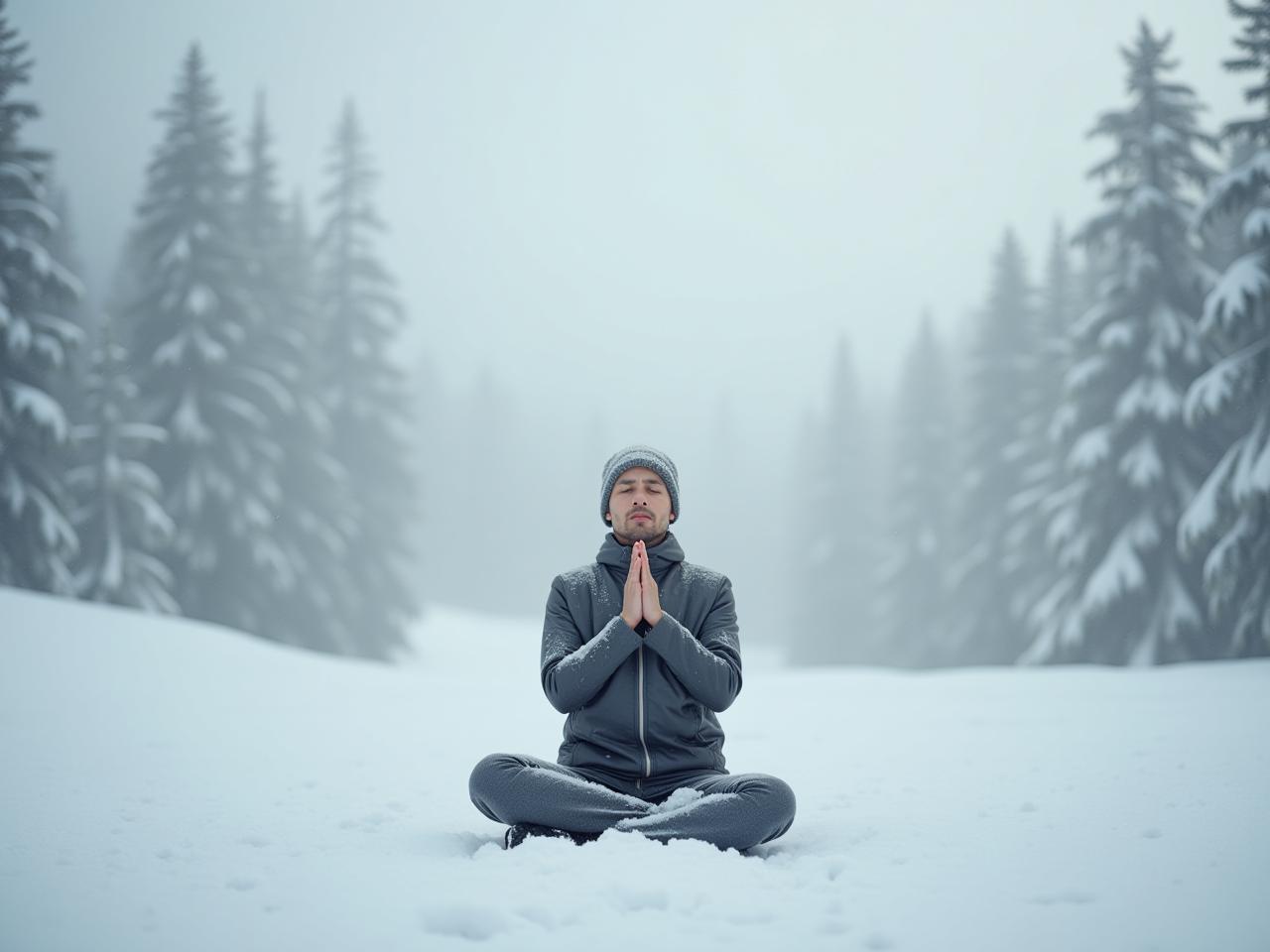 A person meditating in a snowy landscape, breathing deeply.