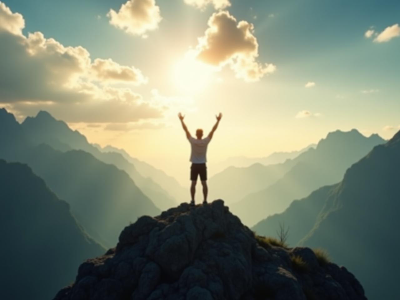 A person standing on a mountaintop, looking at the landscape with hands raised in victory. Sunlight breaks through the clouds and illuminates them. Alternative text: Successful person on peak, motivating vision, being at your best, Jim Loehr, Tony Schwartz, energy and performance, success, goals.