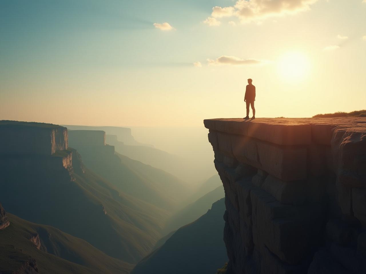 A person standing on the edge of a cliff, looking out at a beautiful landscape. The sun is shining, and the person looks determined and confident. Keywords: overcoming fear, self-confidence, taking action, achieving goals.