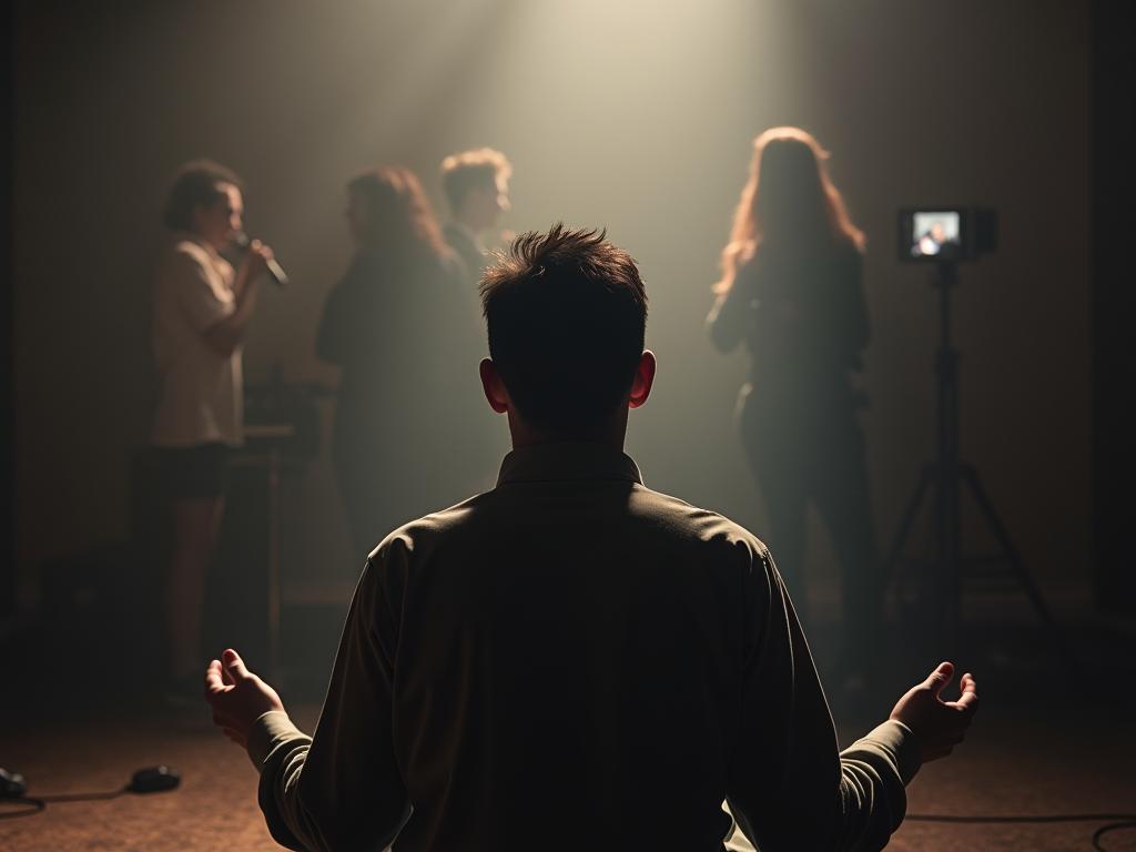 A person meditating in a noisy environment, focusing on the sounds around them.