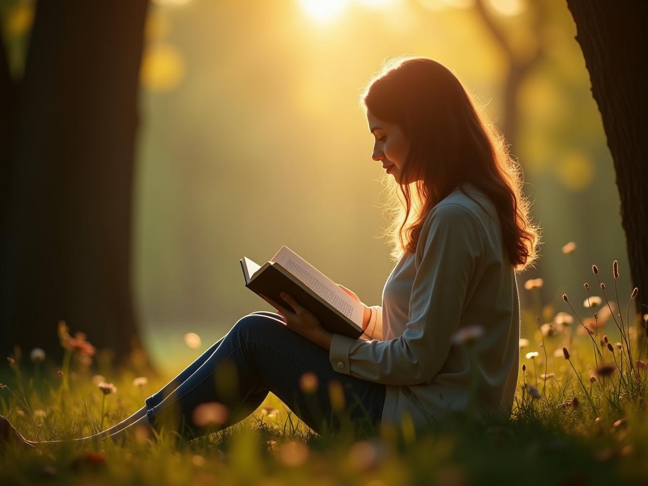 A person sitting in a peaceful nature setting, reading a book, with sunlight filtering through the trees, symbolizing the joy and simplicity of minimalist living. Keywords: minimalism, nature, reading, simplicity, peace, financial freedom.