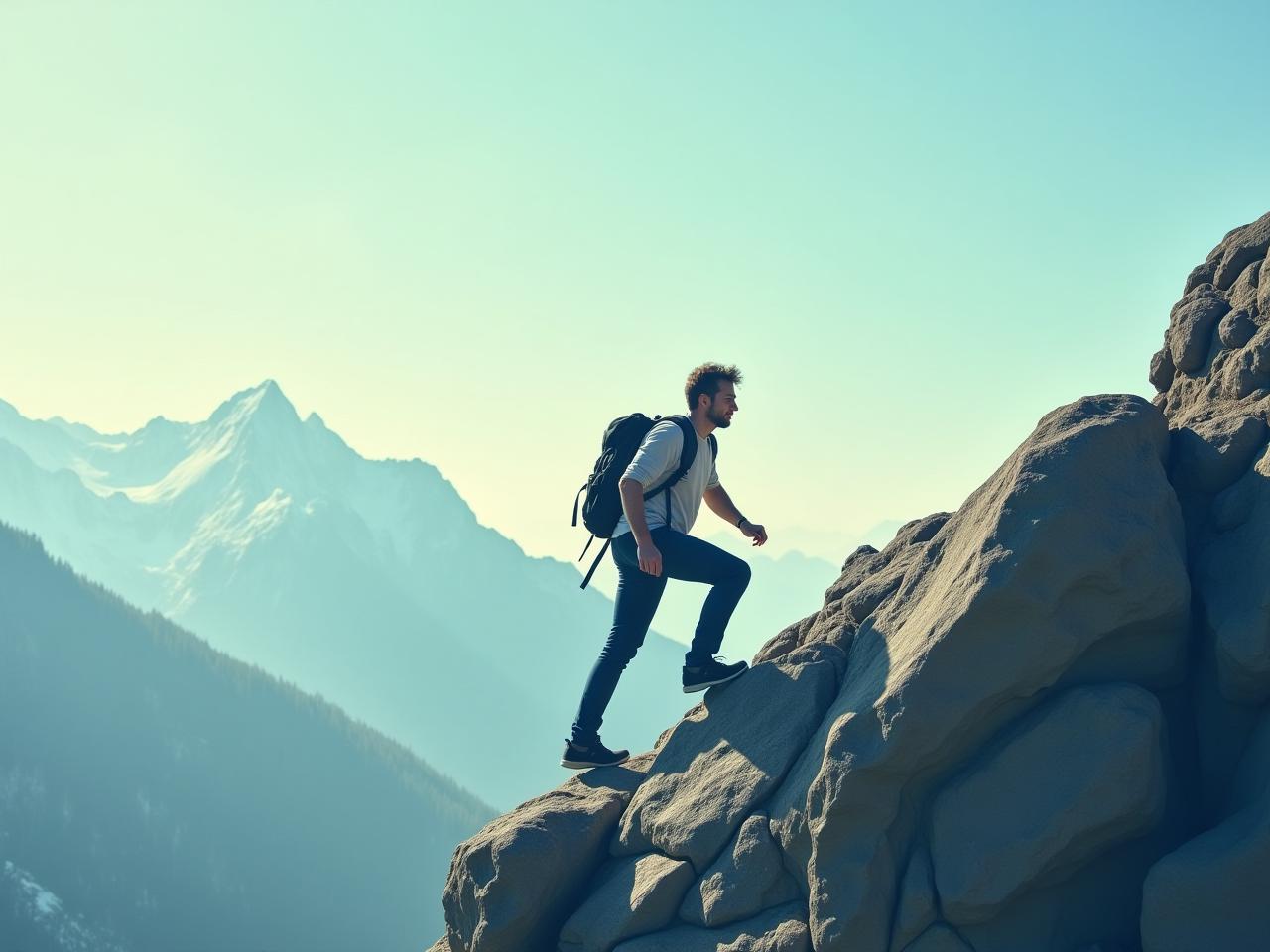 A person climbing a mountain, representing the challenges and rewards of financial persistence. Keywords: financial persistence, Tom Corley, Rich Habits, mountain climbing, success