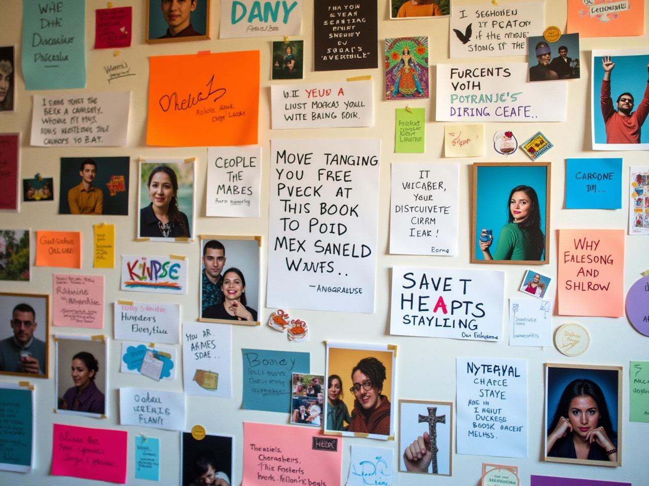 A colorful collage of images, drawings, words, and stickers making up a dream board. The board includes inspirational quotes, pictures of creative people, and images representing the persons goals and aspirations.