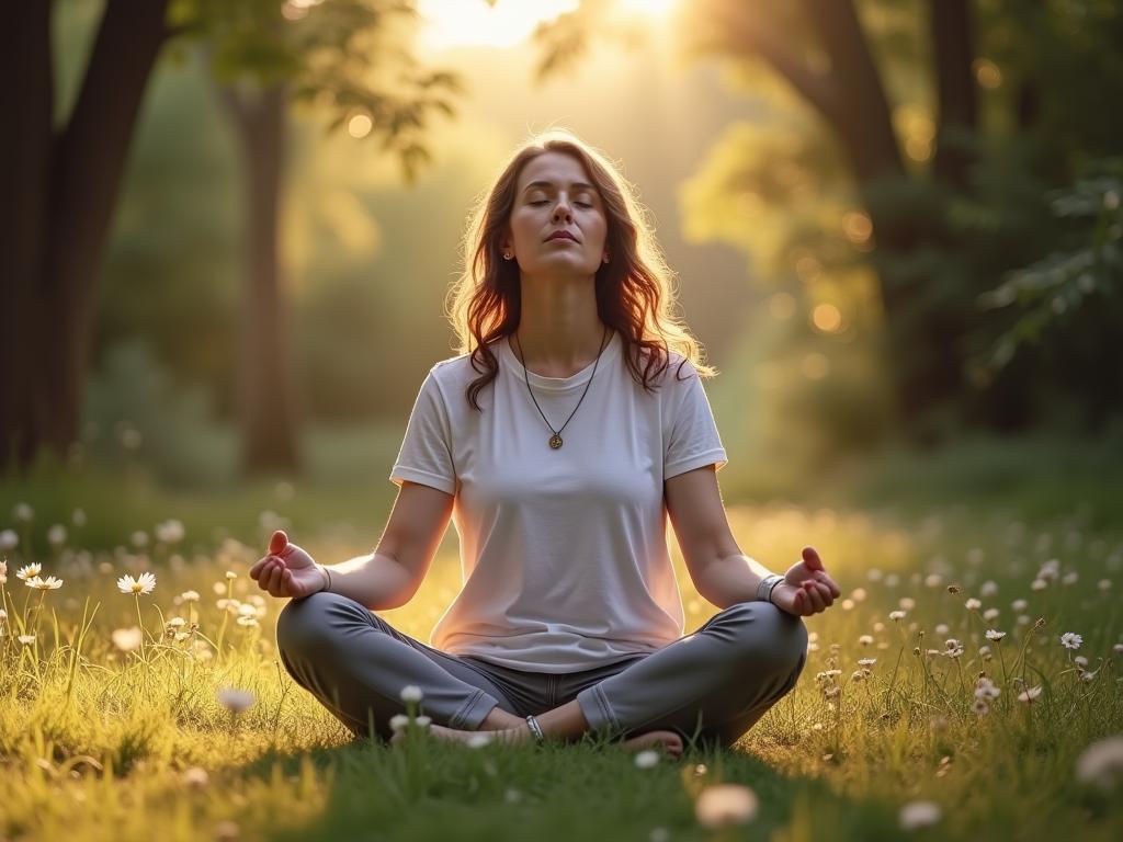 A person meditating peacefully in a quiet natural setting. Keywords: Willpower, meditation, mindfulness, self-control, Kelly McGonigal.