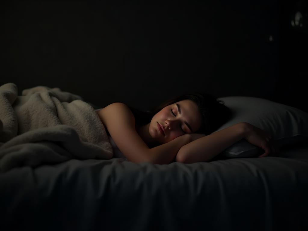 A person sleeping peacefully in a dark and quiet room. The room is dimly lit with soft, ambient light. The person is covered with a cozy blanket, and the overall atmosphere is one of serenity and comfort.