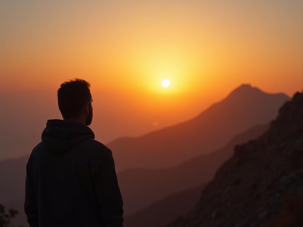 A person looking at a sunrise over a mountain range, symbolizing the search for meaning and purpose in life.