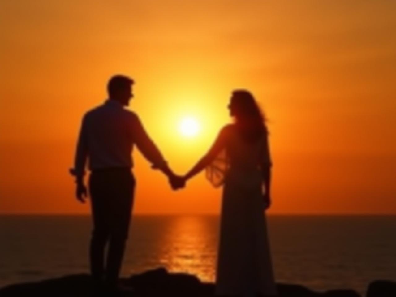 Two people holding hands and looking at a sunrise, symbolizing a shared purpose and a meaningful relationship.