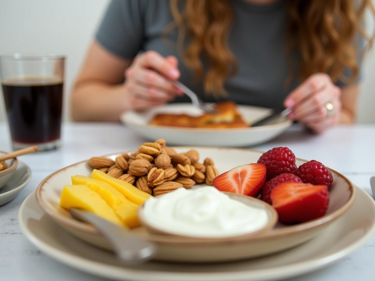 A person enjoying a healthy breakfast after intermittent fasting, with fruits, nuts, and yogurt on a table.