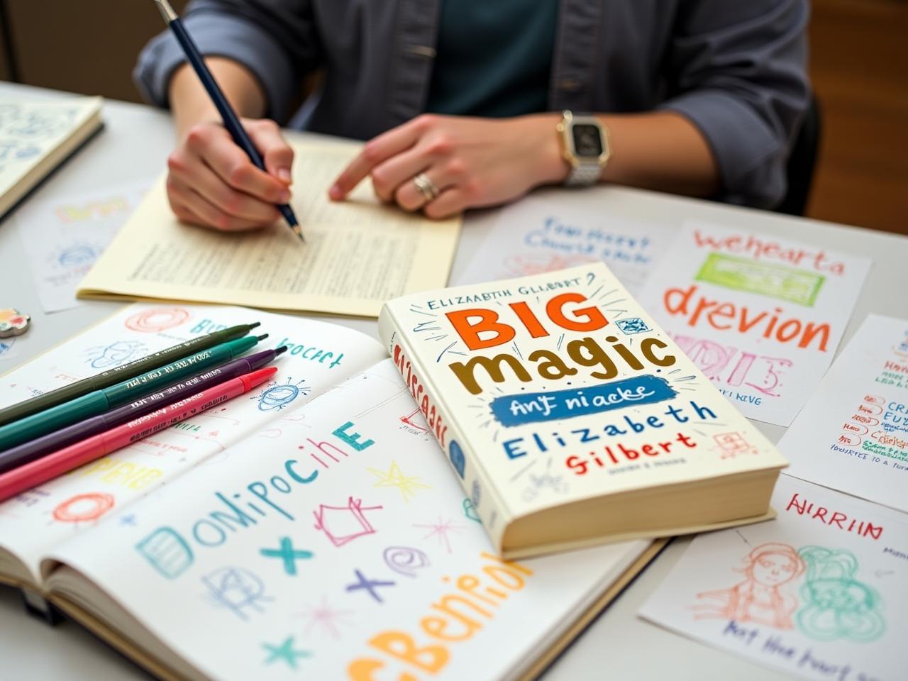 A person sitting at a desk surrounded by colorful sketches, pens, and an open copy of Elizabeth Gilberts Big Magic, representing the process of identifying and pursuing creative ideas.