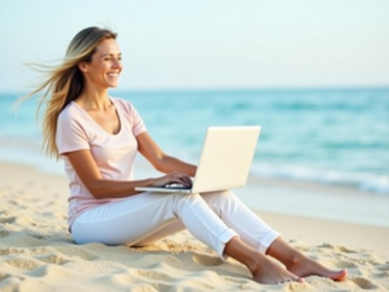 Smiling woman working on a laptop on a beach, representing financial freedom and the principles of The Automatic Millionaire by David Bach. Keywords: automatic savings, wealth building, financial independence.