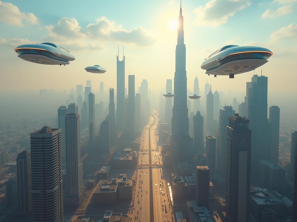 A futuristic cityscape with flying cars, representing exponential growth and the concept of thinking 10x bigger for increased productivity, inspired by the book Abundance by Peter Diamandis and Steven Kotler.