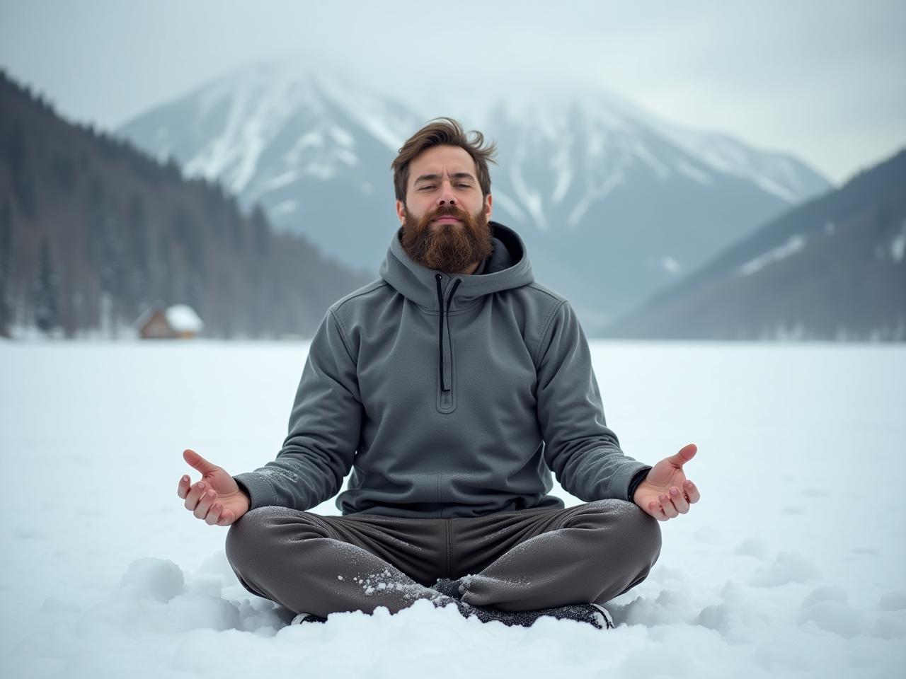Man meditating outdoors in a snowy landscape. Focus on his controlled breathing and the connection with nature, reflecting the essence of Wim Hofs method.