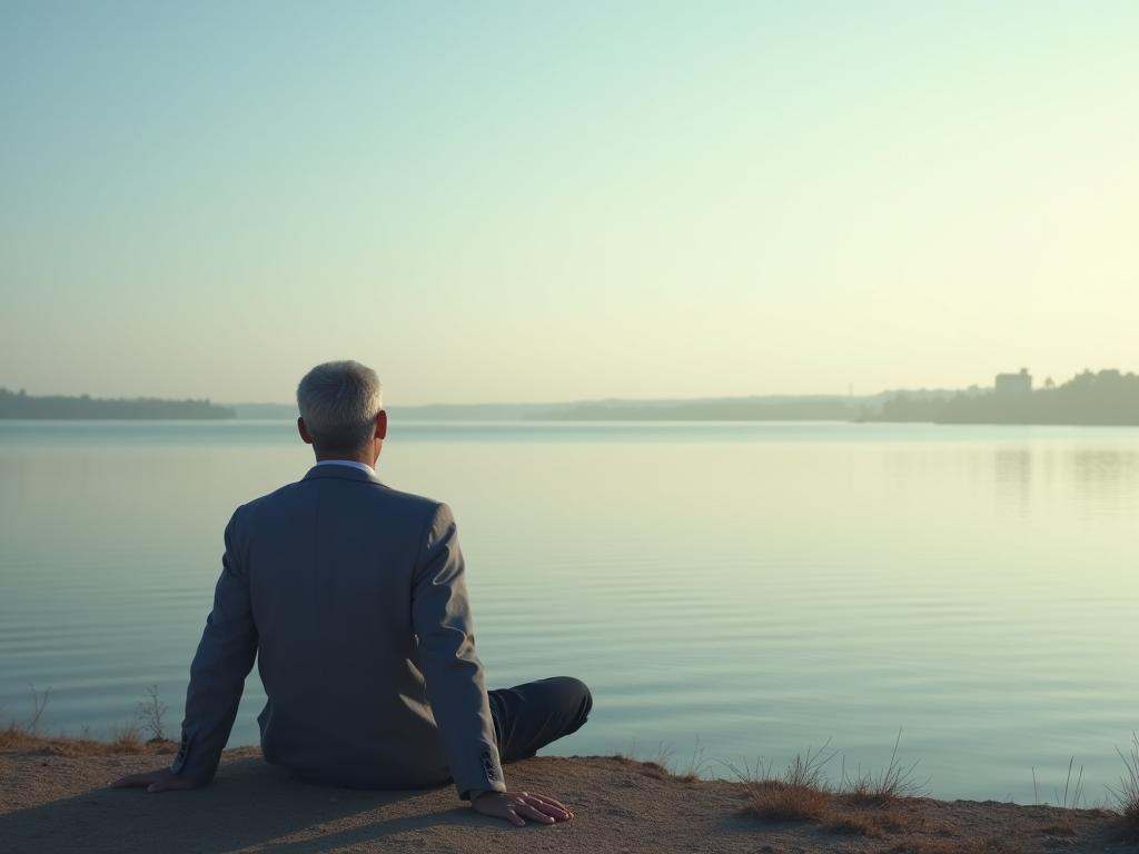 A person sitting peacefully by a calm lake, looking at the horizon. The image represents acceptance and tranquility in the face of uncertainty. Keywords: Alan Watts, Wisdom of Insecurity, open question, anxiety, acceptance, calm, lake, horizon, tranquility.