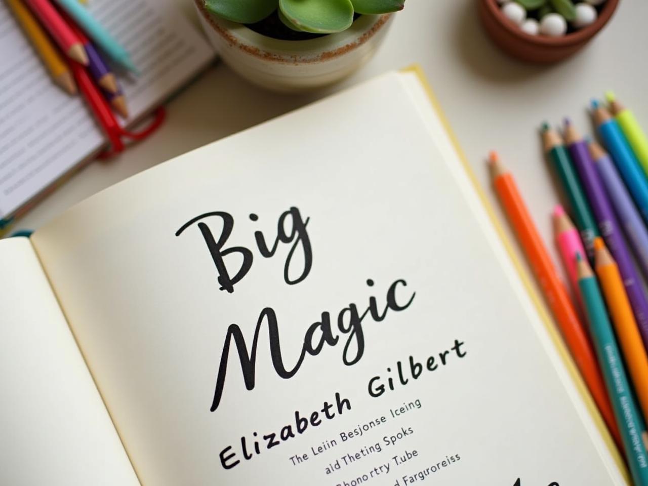 Close-up of an open book with the title Big Magic by Elizabeth Gilbert, surrounded by colorful pens, a notebook, and a small plant, symbolizing creativity and inspiration.