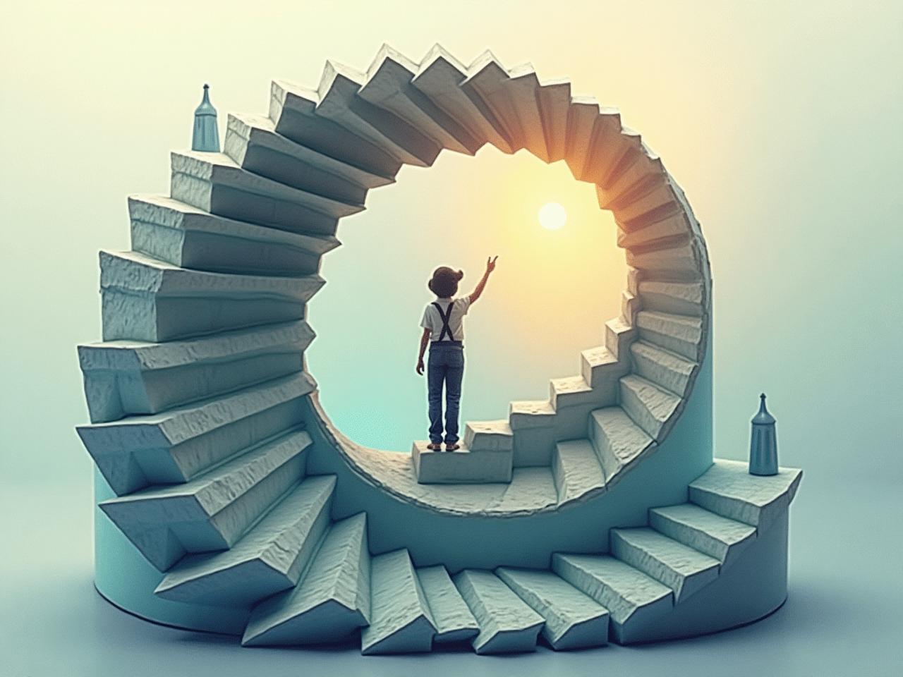 A spiral staircase representing the expanding spiral model of personal growth, with a person reaching the top step symbolizing overcoming challenges and achieving goals. The image includes keywords like comfort zone, growth, challenge, and success.