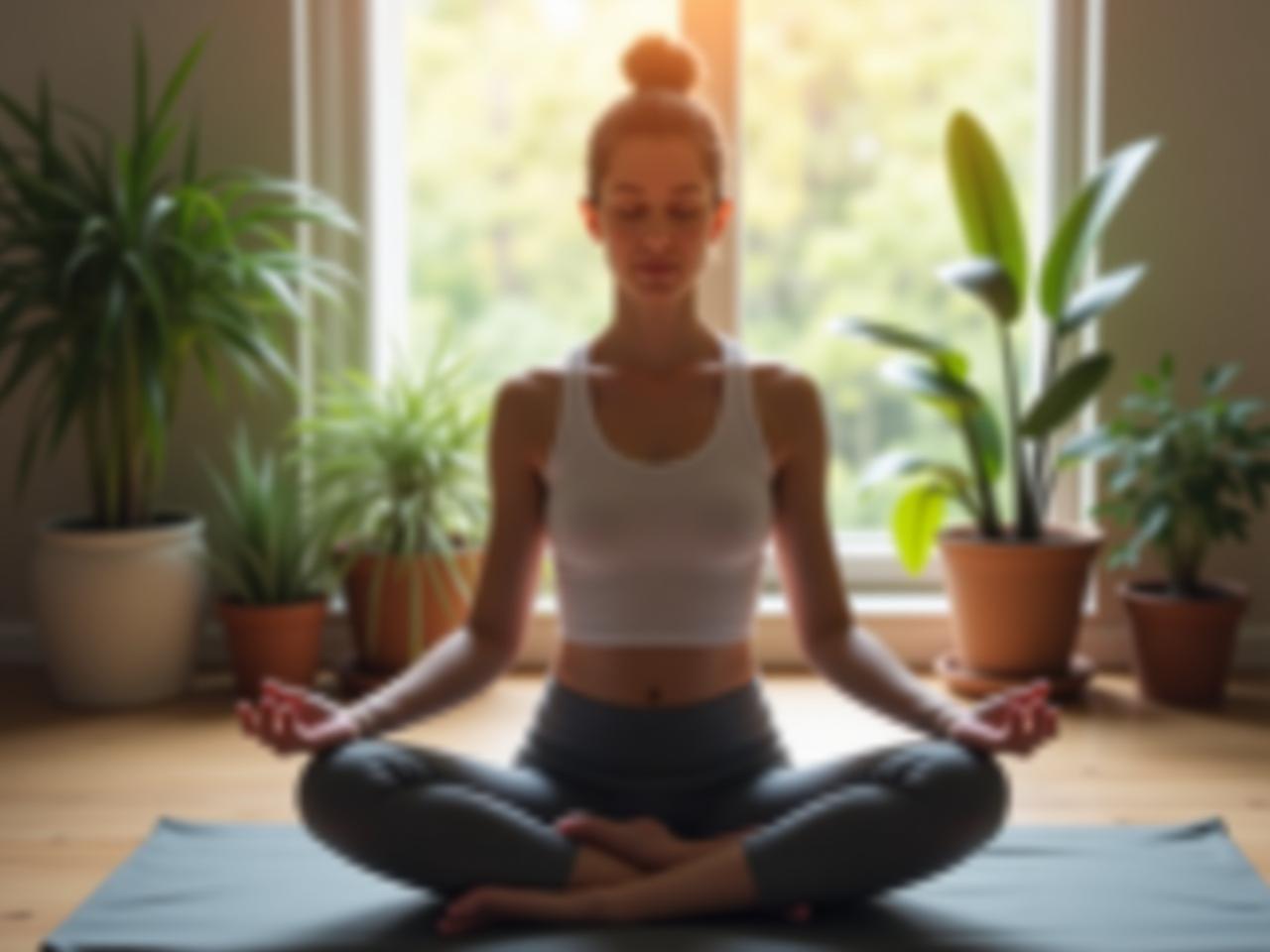 A person meditating peacefully with their hands resting gently on their lap, surrounded by calming natural elements such as plants and soft lighting, representing the inner peace and focus achieved through mindful pain management techniques.