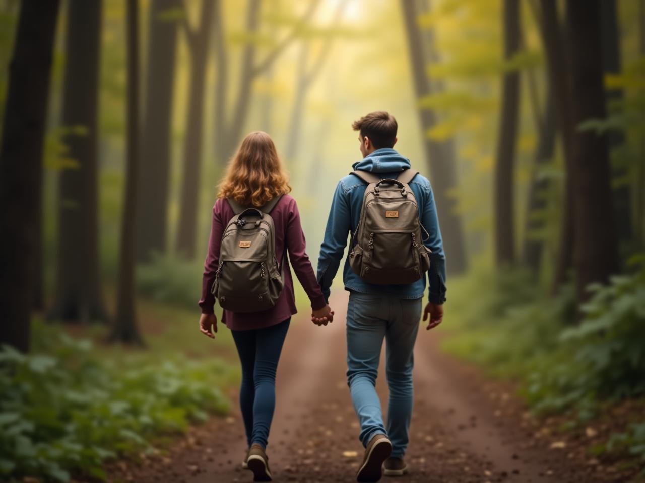 A couple holding hands while hiking in a forest, symbolizing shared purpose and support in a relationship. The background is blurred to focus on the couple.