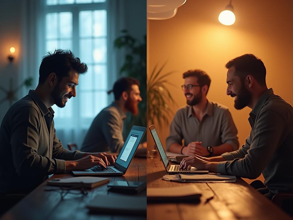 A split image: On one side, a person sitting alone, focused, working on a laptop. On the other, the same person laughing and socializing with friends in a vibrant setting. Represents the balance between creative work and social life.